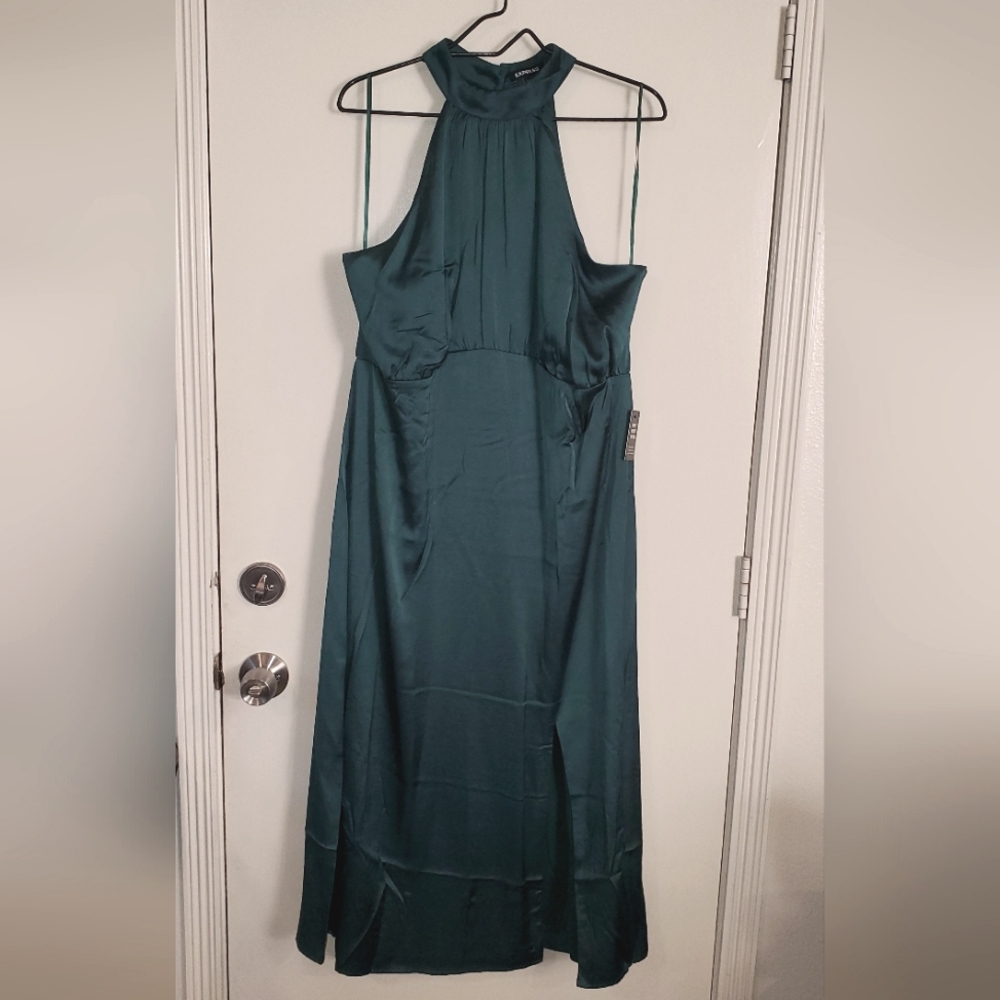 Express Emerald Green Satin Halter Dress XL NWT